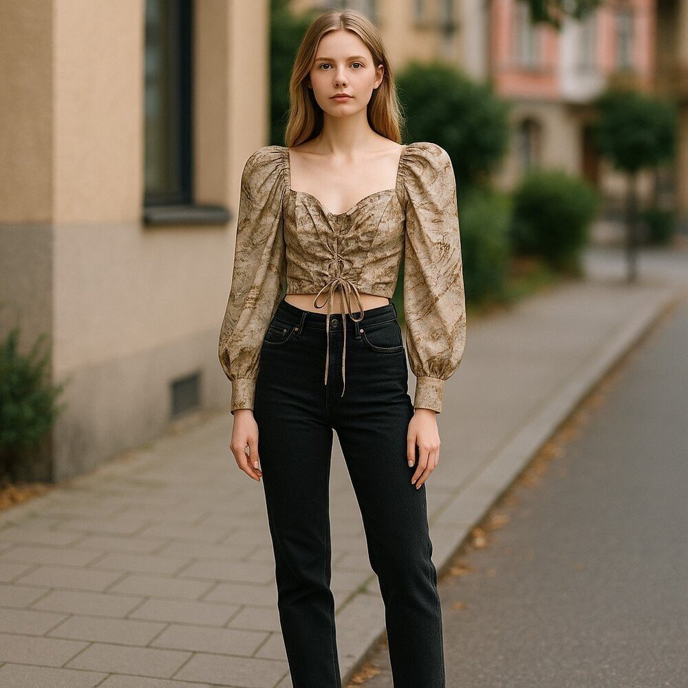 Mable Beige Abstract Puff Sleeve Blouse- size S